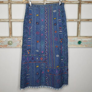 Vintage Chico Y2K Midi Denim Skirt with Tribal embroidery Ladies US size 8
